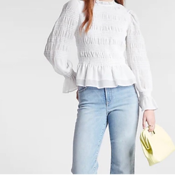 Express Tops - Express White Smocked Blouse Top Peplum Hem Large Chic Romantic Feminine Office